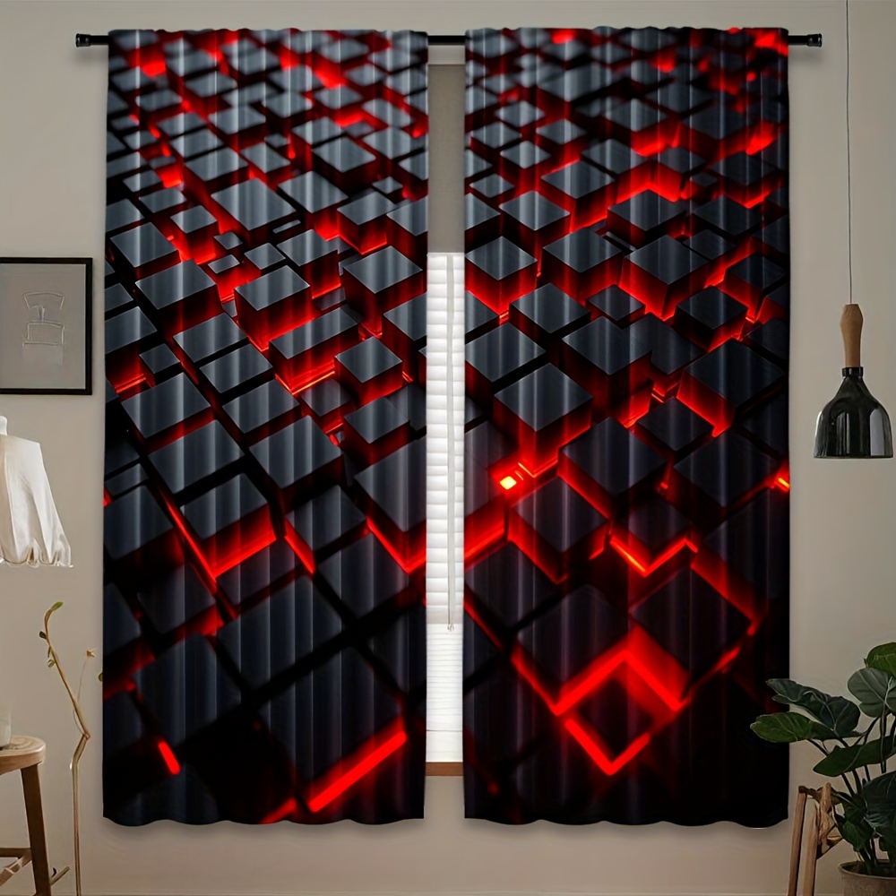Office Tech Room - 2 szt. Geometryczne Zasłony Czerwono-Czarne 3D
